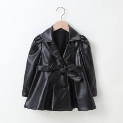 2-6Y Kids Girls Lapel PU Leather Jackets With Belt  Girls Fashion Clothes   