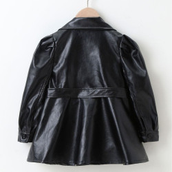 2-6Y Kids Girls Lapel PU Leather Jackets With Belt  Girls Fashion Clothes   