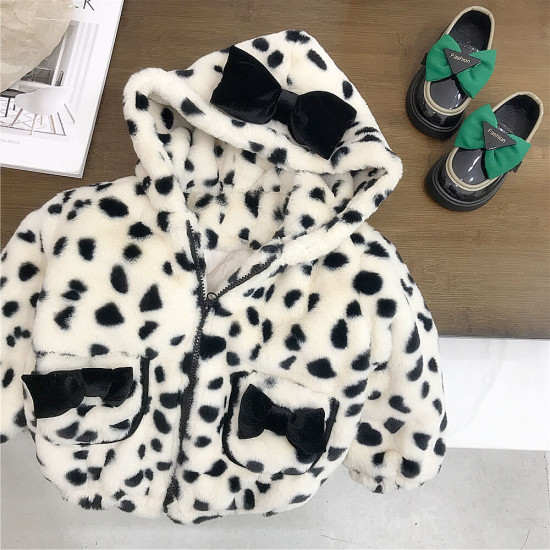 18M-7Y Toddler Girls Bow Leopard Print Hooded Plus Fleece Coats  Girls Clothes   