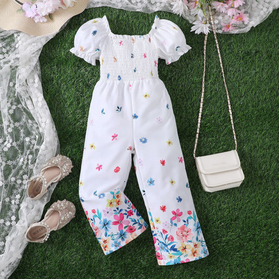 18M-6Y Toddler Girls Floral Puff Sleeve Jumpsuits  Girls Clothes   