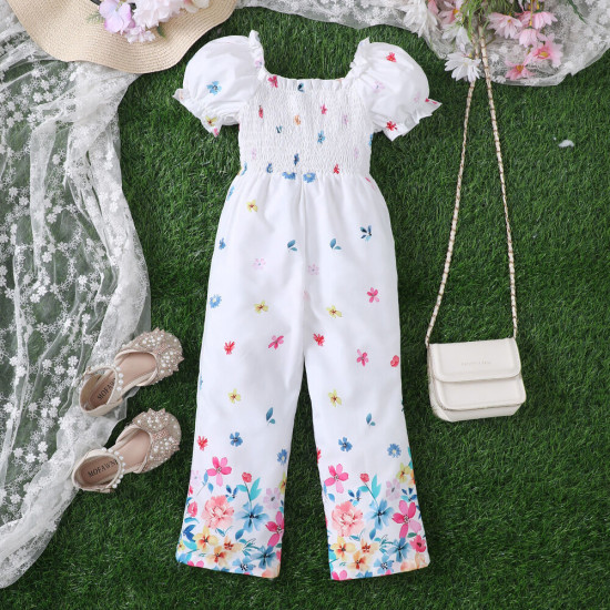 18M-6Y Toddler Girls Floral Puff Sleeve Jumpsuits  Girls Clothes   