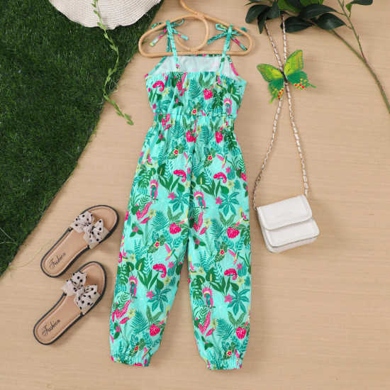18M-6Y Toddler Girls Vacation Tropical Rainforest Leaf Sling Jumpsuits  Girls Clothes   