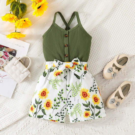 18M-6Y Toddler Girls Floral Print Cami Rompers With Belt  Girls Clothes   