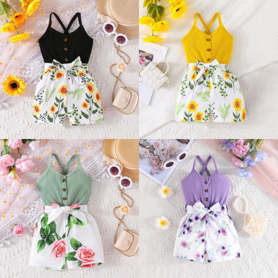 18M-6Y Toddler Girls Floral Print Cami Rompers With Belt  Girls Clothes   