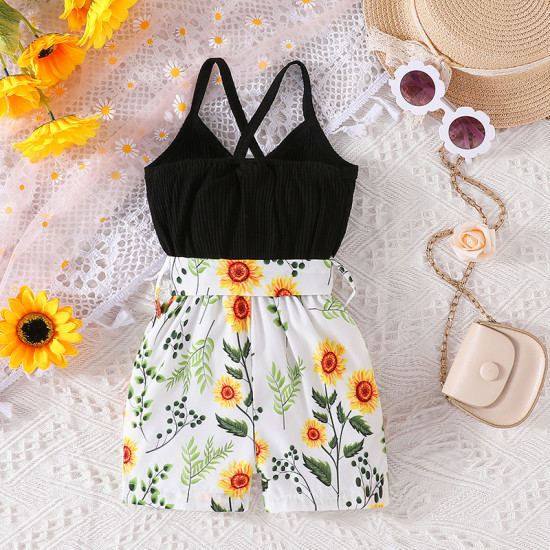 18M-6Y Toddler Girls Floral Print Cami Rompers With Belt  Girls Clothes   