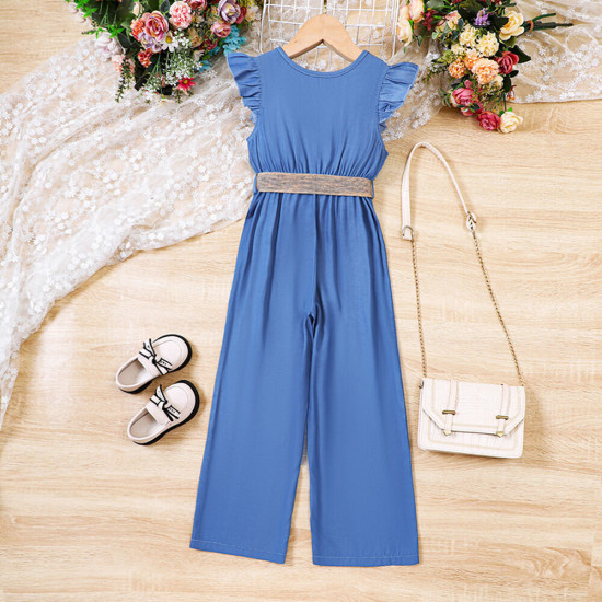 4-9Y Kids Girls Flutter Sleeve Jumpsuit With Belt  Girls Clothes   
