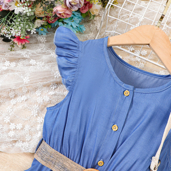 4-9Y Kids Girls Flutter Sleeve Jumpsuit With Belt  Girls Clothes   