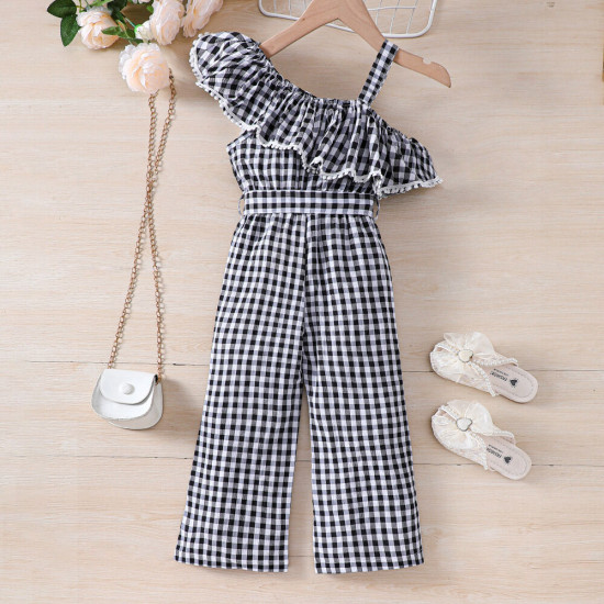 18M-6Y Toddler Girls Ruffled Off-Shoulder Plaid Jumpsuit  Girls Clothes   