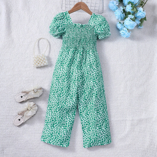 18M-6Y Toddler Girls Floral Heart Print Puff Sleeve Jumpsuit  Girls Clothes   