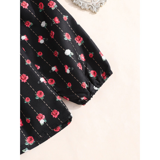 3-7Y Toddler Girls V-Neck Floral Chain Print Casual Shirt  Girls Clothes   