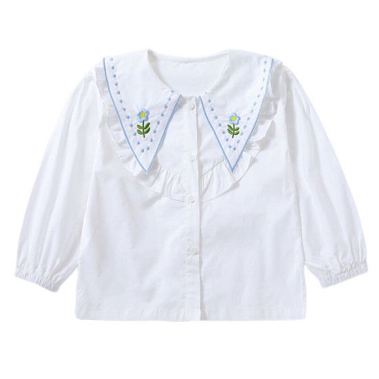 3-9Y Kids Girls White Embroidery Floral Long Sleeve Shirts  Kids Boutique Clothing   