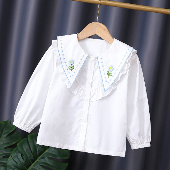 3-9Y Kids Girls White Embroidery Floral Long Sleeve Shirts  Kids Boutique Clothing   