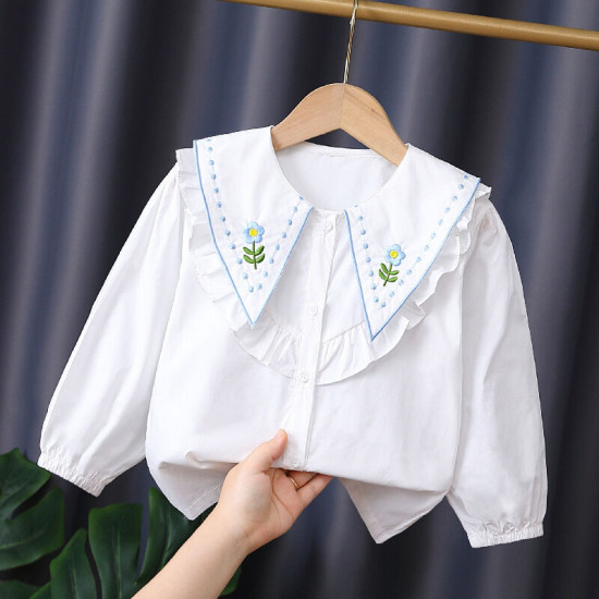 3-9Y Kids Girls White Embroidery Floral Long Sleeve Shirts  Kids Boutique Clothing   