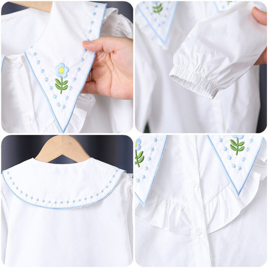 3-9Y Kids Girls White Embroidery Floral Long Sleeve Shirts  Kids Boutique Clothing   