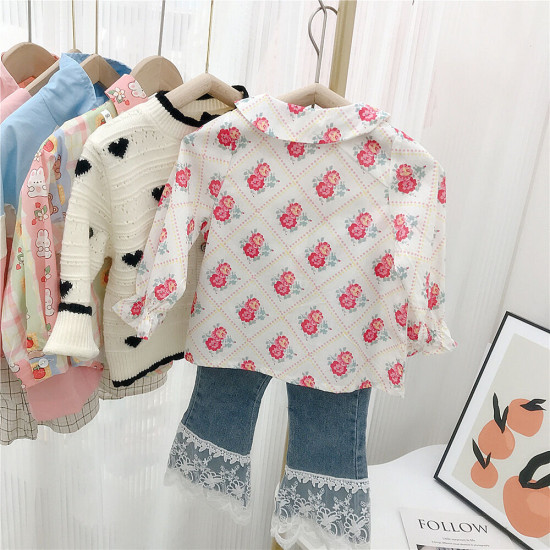 18M-7Y Toddler Girls Long Sleeve Doll Collar Floral Blouses  Girls Clothes  