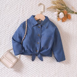 18M-6Y Toddler Girls Long Sleeve Solid Lapel Hem Knotted Shirt  Girls Fashion Clothes   