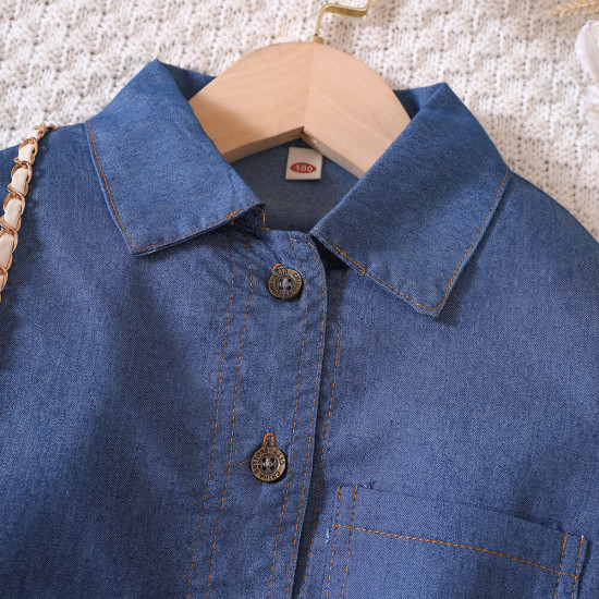 18M-6Y Toddler Girls Long Sleeve Solid Lapel Hem Knotted Shirt  Girls Fashion Clothes   