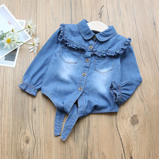 18M-7Y Toddler Girls Vintage Ruffle Knotted Denim Shirts  Girls Clothes   