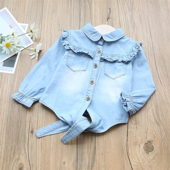 18M-7Y Toddler Girls Vintage Ruffle Knotted Denim Shirts  Girls Clothes   