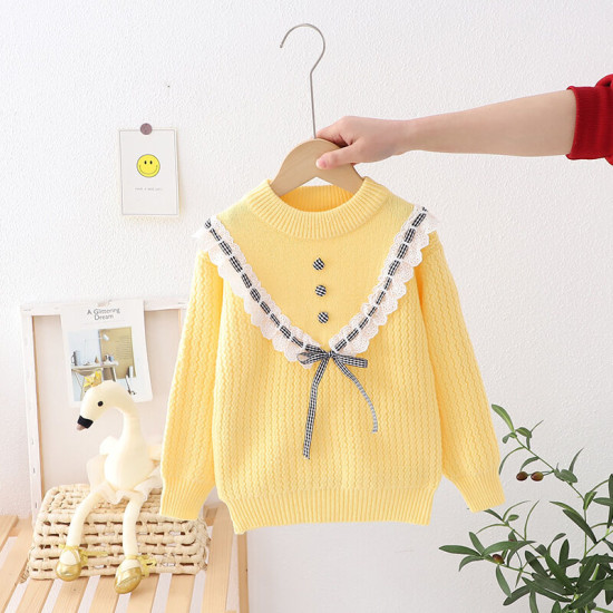 3-8Y Kids Girls Knitted Solid Color Bow Sweater  Girls Clothing Suppliers   