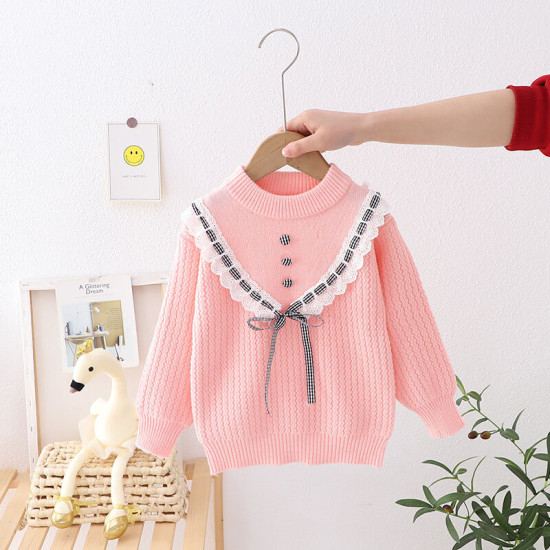 3-8Y Kids Girls Knitted Solid Color Bow Sweater  Girls Clothing Suppliers   