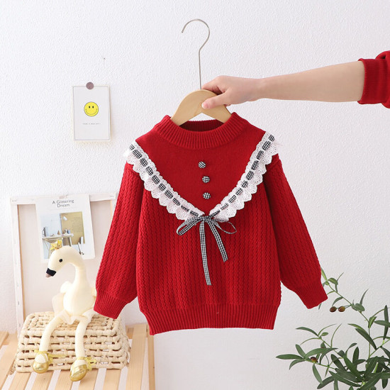 3-8Y Kids Girls Knitted Solid Color Bow Sweater  Girls Clothing Suppliers   