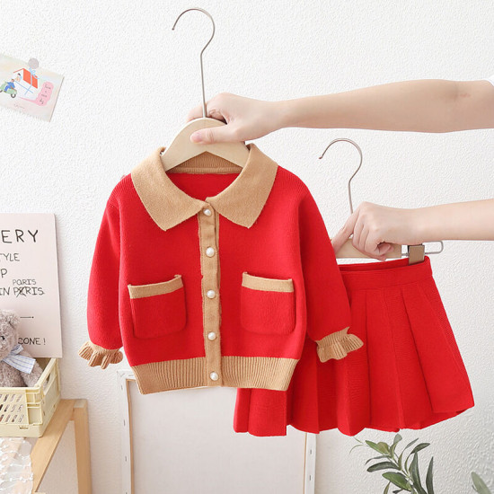 12M-5Y Toddler Girls Knitted Sets Lapel Cardigan Sweater And Skirts  Girls Fashion Clothes   