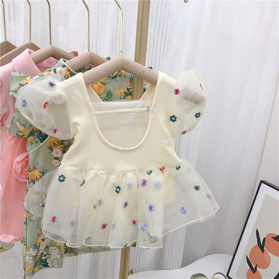 18M-7Y Toddler Girls Embroidery Flowers Mesh One-Piece Swimsuit  Girls Clothes   