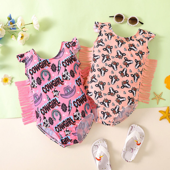 9M-5Y Toddler Girls Bull Head Letter Print Tassel One-Piece Swimsuit  Girls Clothes   