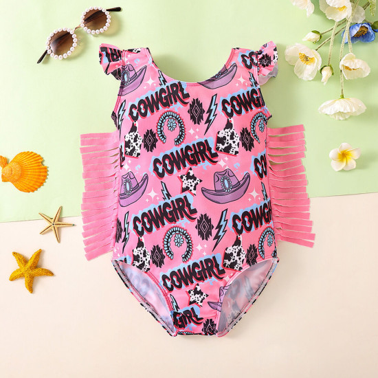 9M-5Y Toddler Girls Bull Head Letter Print Tassel One-Piece Swimsuit  Girls Clothes   