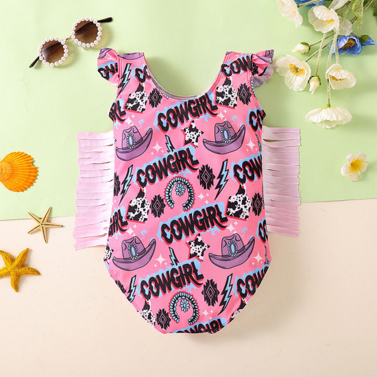 9M-5Y Toddler Girls Bull Head Letter Print Tassel One-Piece Swimsuit  Girls Clothes   