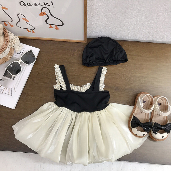 18M-7Y Toddler Girl Bow Decorated Ruffle Suspender Straps One-Piece Hem Swimsuit And Cap Cute Toddler Girl Clothes    