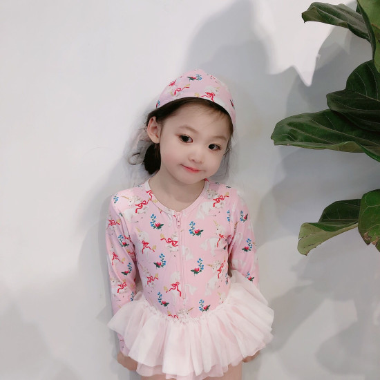18M-7Y Toddler Girl Unicorn Cat Print Long-Sleeved Mesh Skirt Hem One-Piece Swimsuit Fashion Girl    