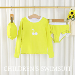 18M-7Y Toddler Girl Swimwear & Beachwear Sets Long-Sleeved Color Blocked Cherry Print Top And Ruffled Shorts Fashion Girl    