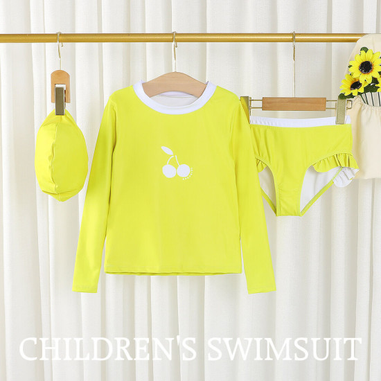 18M-7Y Toddler Girl Swimwear & Beachwear Sets Long-Sleeved Color Blocked Cherry Print Top And Ruffled Shorts Fashion Girl    