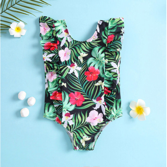 9M-4Y Flower Texture Print Flying Sleeveless Round Neck Swimwear  Kids Boutique Clothing  