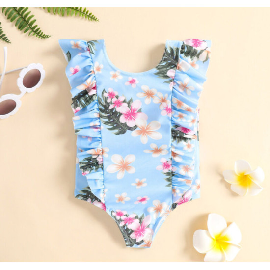 9M-4Y Flower Texture Print Flying Sleeveless Round Neck Swimwear  Kids Boutique Clothing  