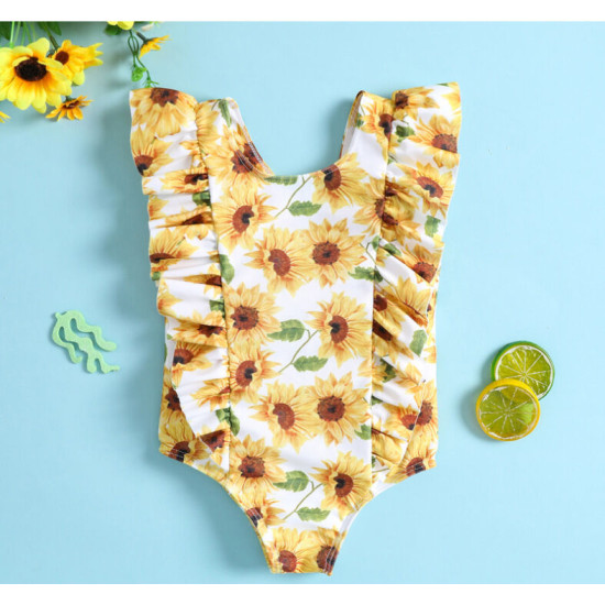 9M-4Y Flower Texture Print Flying Sleeveless Round Neck Swimwear  Kids Boutique Clothing  