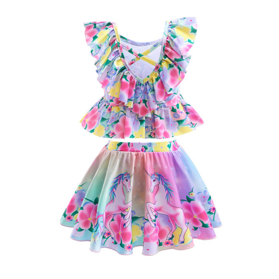 3-10Y Kids Girls Swimwear & Beachwear Sets Floral Print Ruffled Crew Neck Sleeveless Top And Bow Pleated Skirt With Panties  Kid Clothing Vendors   