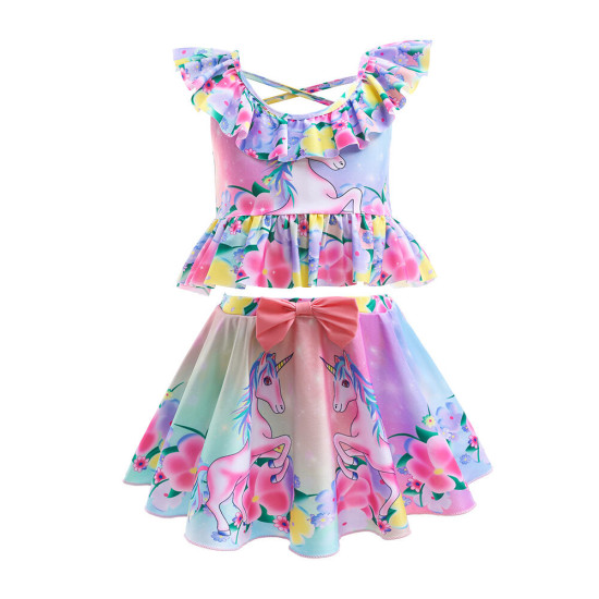3-10Y Kids Girls Swimwear & Beachwear Sets Floral Print Ruffled Crew Neck Sleeveless Top And Bow Pleated Skirt With Panties  Kid Clothing Vendors   