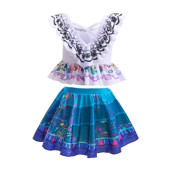 3-10Y Kids Girls Swimwear & Beachwear Sets Floral Print Ruffled Crew Neck Sleeveless Top And Bow Pleated Skirt With Panties  Kid Clothing Vendors   