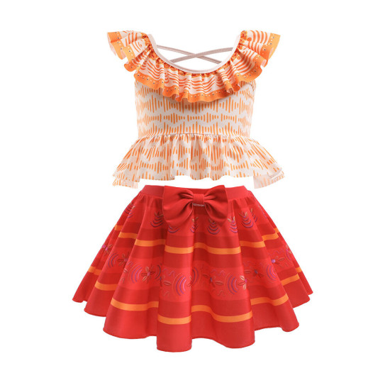 3-10Y Kids Girls Swimwear & Beachwear Sets Floral Print Ruffled Crew Neck Sleeveless Top And Bow Pleated Skirt With Panties  Kid Clothing Vendors   