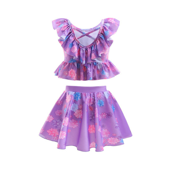 3-10Y Kids Girls Swimwear & Beachwear Sets Floral Print Ruffled Crew Neck Sleeveless Top And Bow Pleated Skirt With Panties  Kid Clothing Vendors   
