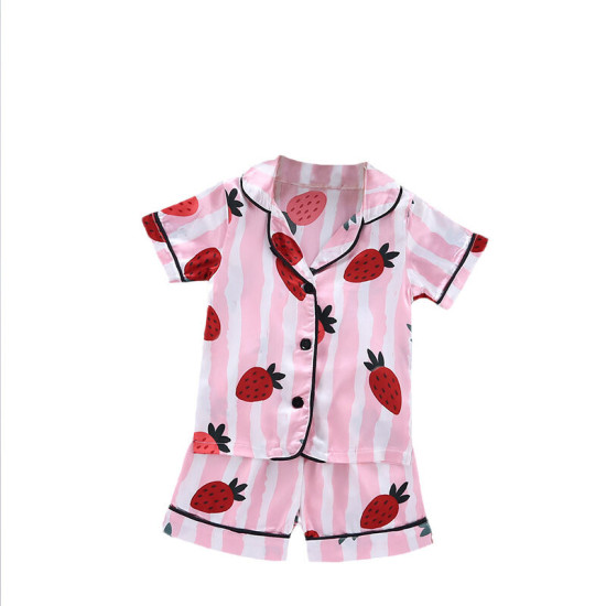 9M-5Y Unisex Cartoon Strawberry Ice Silk Pajamas Set For Boys And Girls  Toddler Clothing   