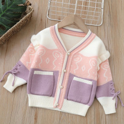 18M-6Y Toddler Girls Knitted V-Neck Colorblock Cardigan Sweater  Girls Fashion Clothes   
