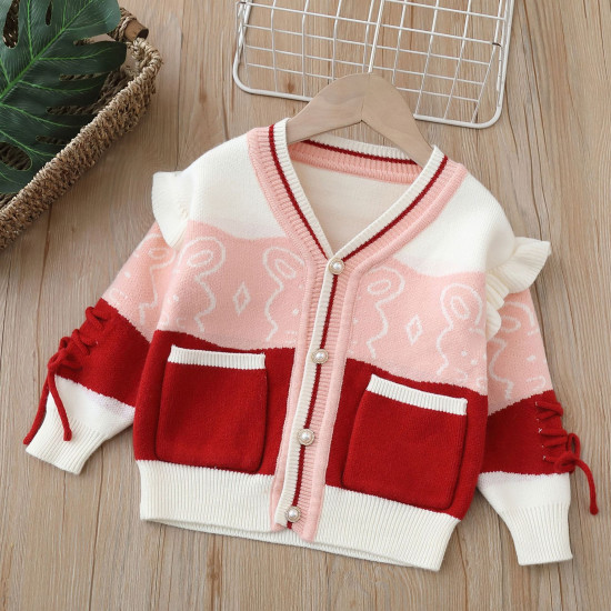 18M-6Y Toddler Girls Knitted V-Neck Colorblock Cardigan Sweater  Girls Fashion Clothes   