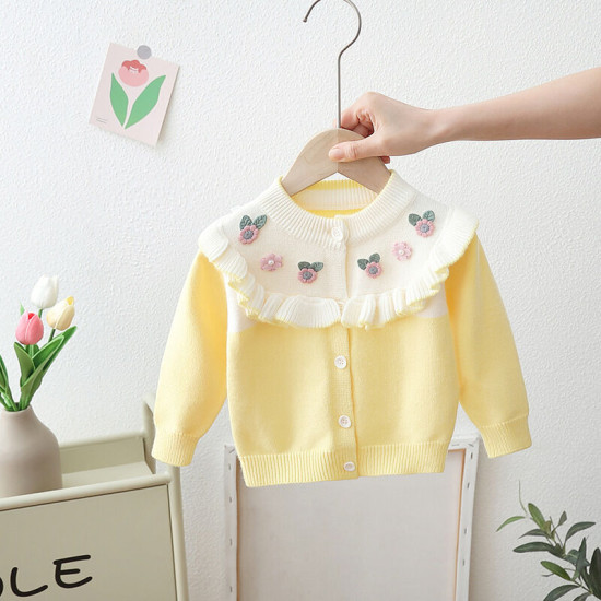 9M-4Y Toddler Girls Knitted Cardigan Flower Earrings Crew Neck Sweater  Girls Clothes   