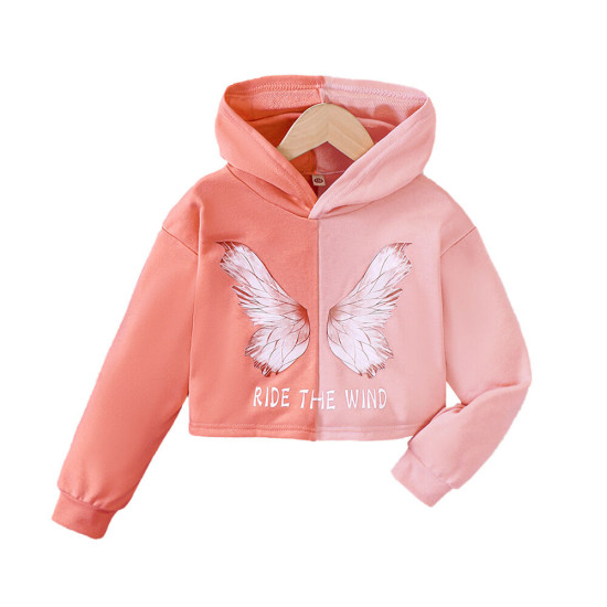 4-9Y Kids Girls Contrast Color Butterfly Patchwork Hooded Sweatshirt  Clothing Kidswear   