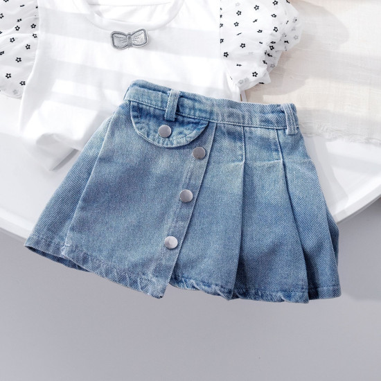 12M-6Y Toddler Girls Button Denim Pleated Skirts  Girls Fashion Clothes   