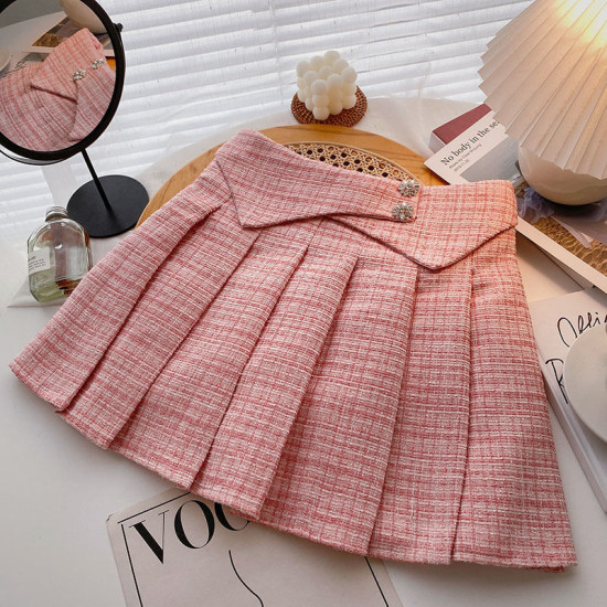 4-12Y Kids Girls High-Waisted Tweed A-Line Plaid Pleated Skirt  Clothing Kidswear   